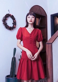 Đầm váy freesize đỏ đuôi cá nút bọc