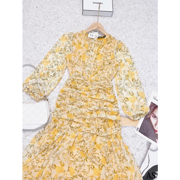 🤞HAI LỚP🤞Đầm đuôi cá hoạ tiết hoa vàng chất voan tơ 2 lớp