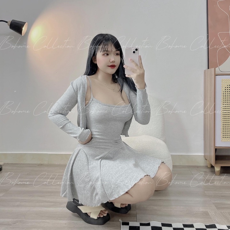 Sét đầm body dây kèm áo khoác