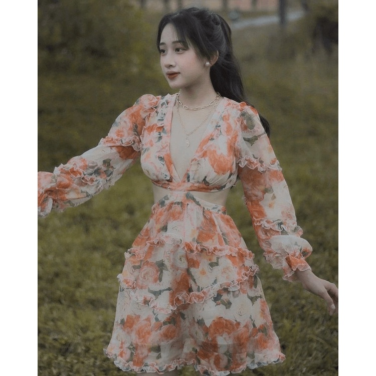 ĐẦM VOAN HOA NỮ HỞ LƯNG SANG CHẢNH PU