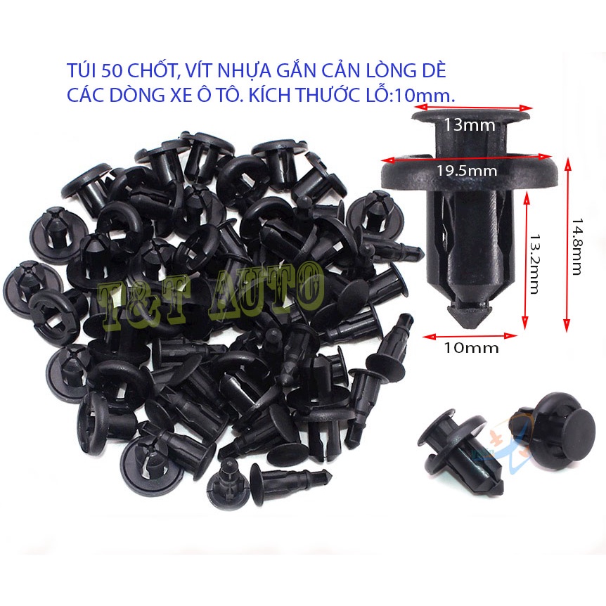 Túi 50 chốt, vít nở nhựa thông dụng gắn cản, lòng dè kích thước lỗ:10mm.