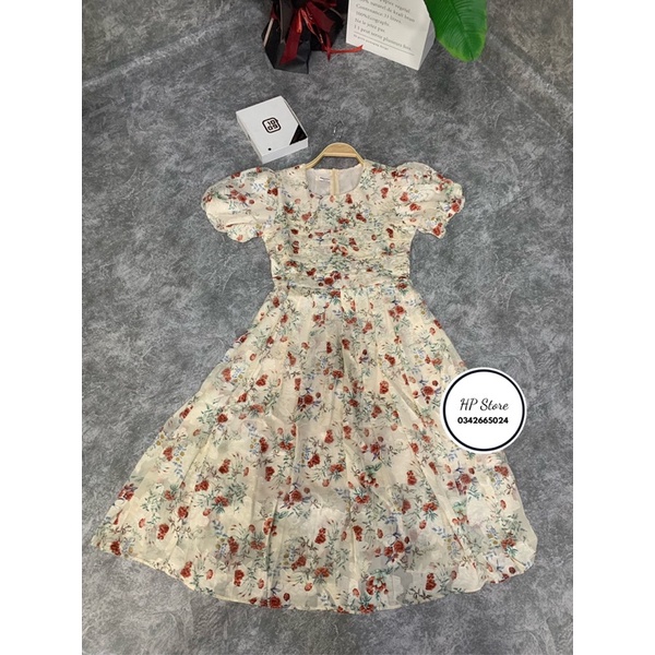 (Siêu Hót) Váy kem hoa đỏ xếp ly ngực  tay bồng tiểu thư điệu đà (kèm ảnh thật) | BigBuy360 - bigbuy360.vn