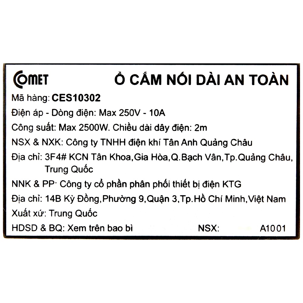 Ổ cắm điện 3 ổ cắm 3 chấu 2m Comet CES10302