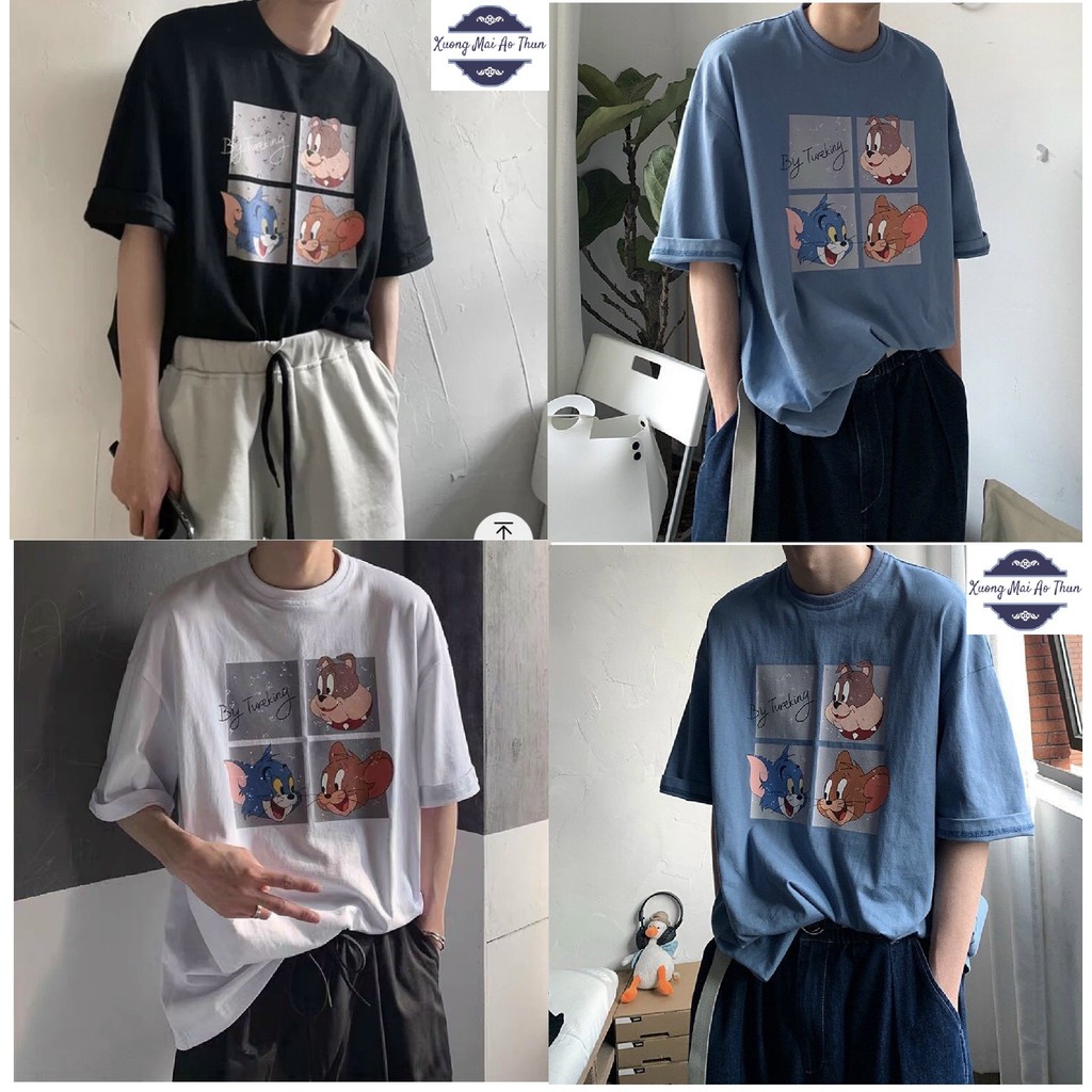 Áo phông form rộng tay lỡ unisex - Áo thun in hình cún tom và chery - Sỉ áo thun số lượng lớn