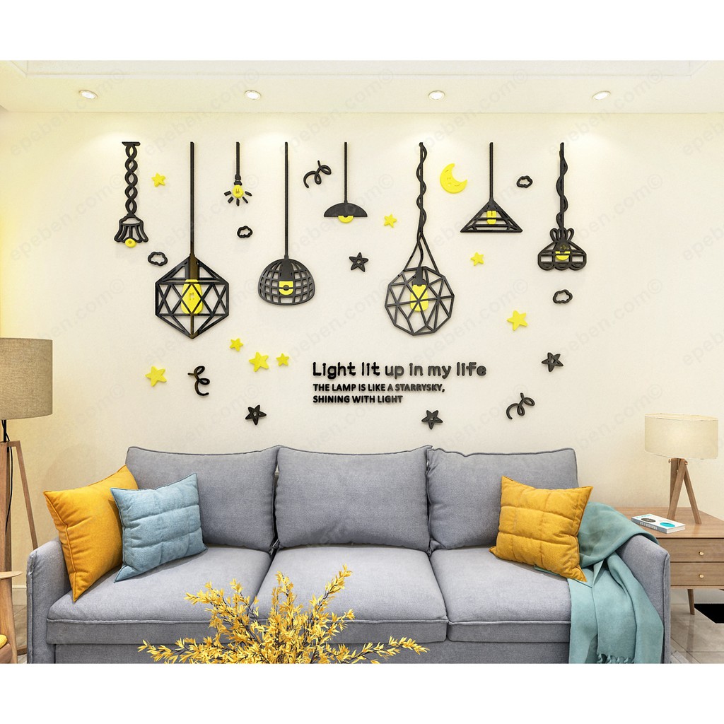 Tranh dán tường mica 3d decor khổ lớn đèn thả treo sáng tạo trang trí phòng khách, phòng ngủ