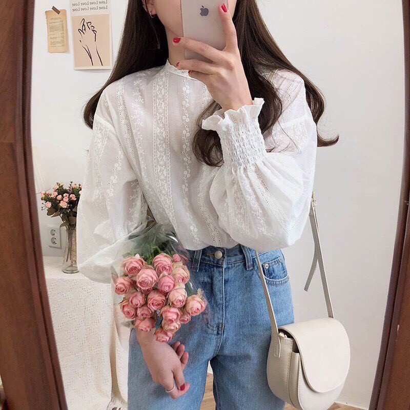 [Ảnh thật] Áo babydoll trắng ren cổ bo tay tiểu thư siêu xinh