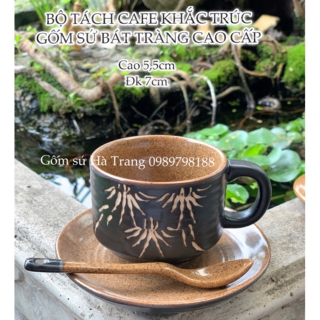 Set tách cafe nóng gốm sứ Bát Tràng cao cấp không chì men đen lòng nâu gốm hạt tiêu khắc thủ công hoạ tiết trúc