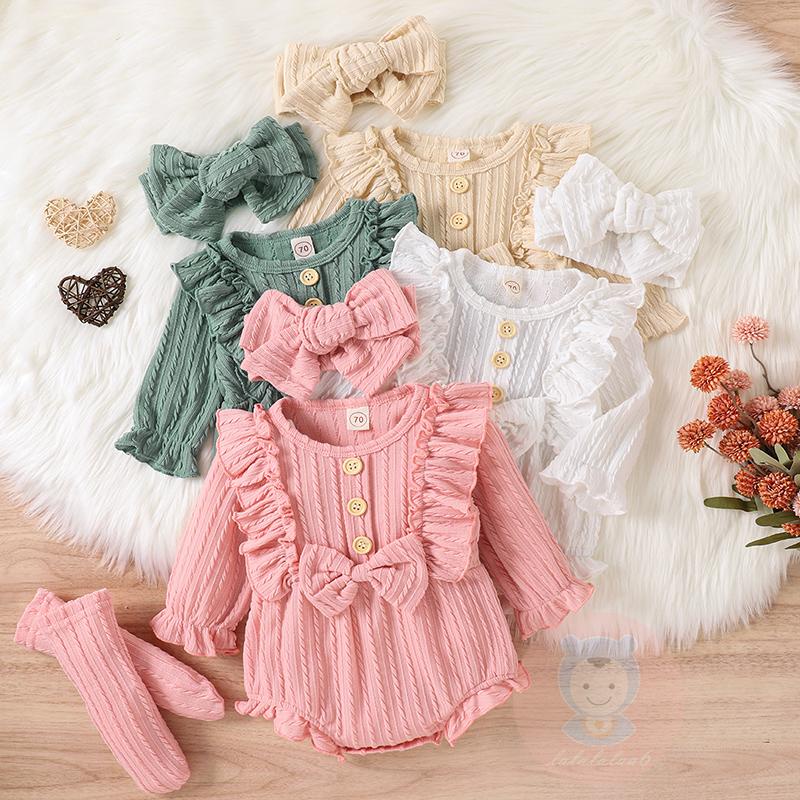 Set Đồ 3 Món Gồm Áo Liền Thân Tay Dài Cài Khuy Trước Cài Khuy + Vớ + Băng Đô Cài Tóc Xinh Xắn Cho Bé Gái LAA6-G