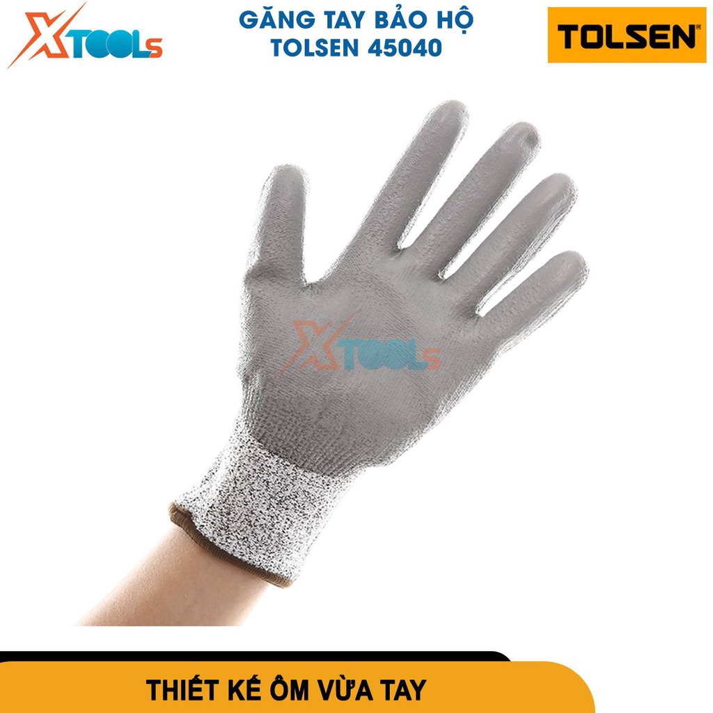 Găng tay bảo hộ Tolsen lòng tay phủ PU, lớp lót HPPE liền mạch chống trầy xước tay cấp độ 5, dùng lao động [CHÍNH HÃNG]