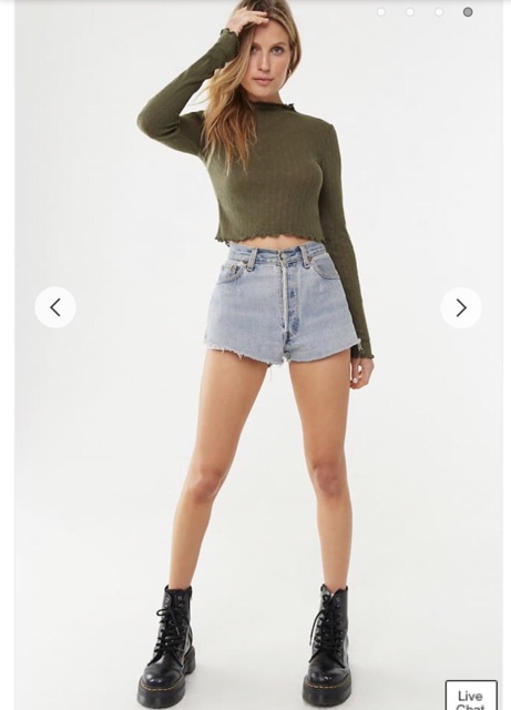 Áo Croptop Thun Len Nữ F21 Trắng Kem / Xanh Rêu Cổ Lọ Tay Dài Lai Sóng lỗi sượt vải