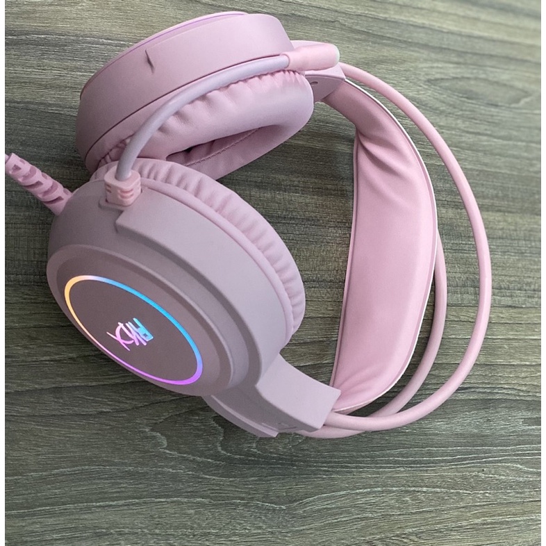 Tai nghe chụp tai, tai nghe gaming RKX kèm mic có đèn led dễ thương. màu hồng chân usb 7.1