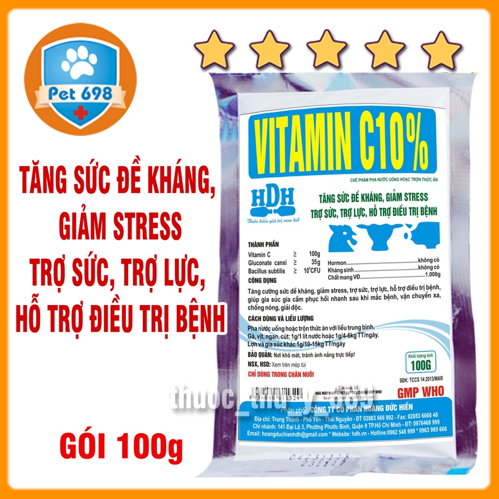 100g Bổ sung vitamin C, tăng sức đề kháng, VITAMIN C 10% HDH, giảm strees, kích thích tiêu hóa vật nuôi
