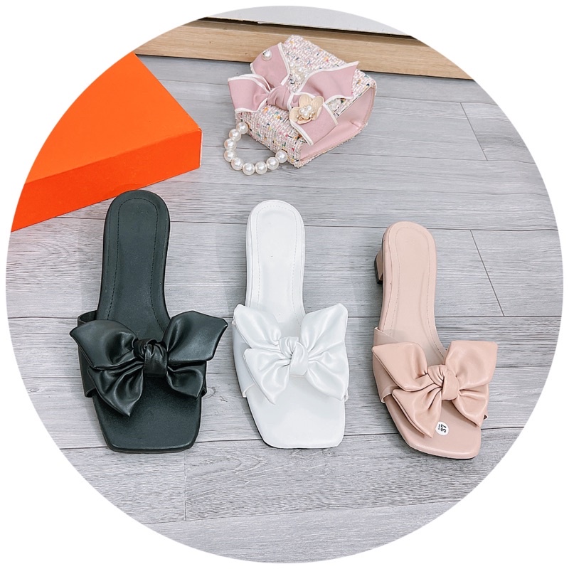 Dép nữ cao gót , Guốc quai nơ 4 cánh gót 3p nữ tính dễ đi