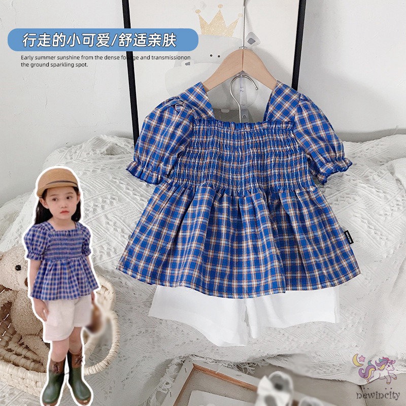 Set Đồ 2 Món Gồm Áo Tay Ngắn Kẻ Sọc Caro + Quần Ngắn Thời Trang Mùa Hè Hàn Quốc Cho Bé Gái