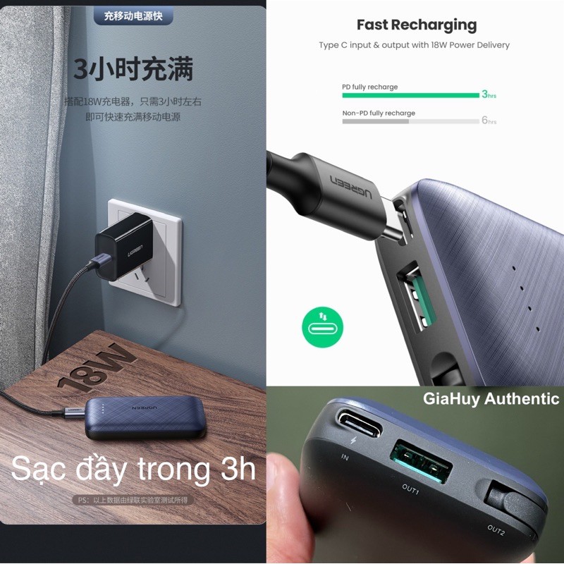 Pin sạc dự phòng tích hợp Cáp Lightning PD 18W MFi C94 UGREEN PB172 10000mAh PD 18W &amp; QC 3.0 18W