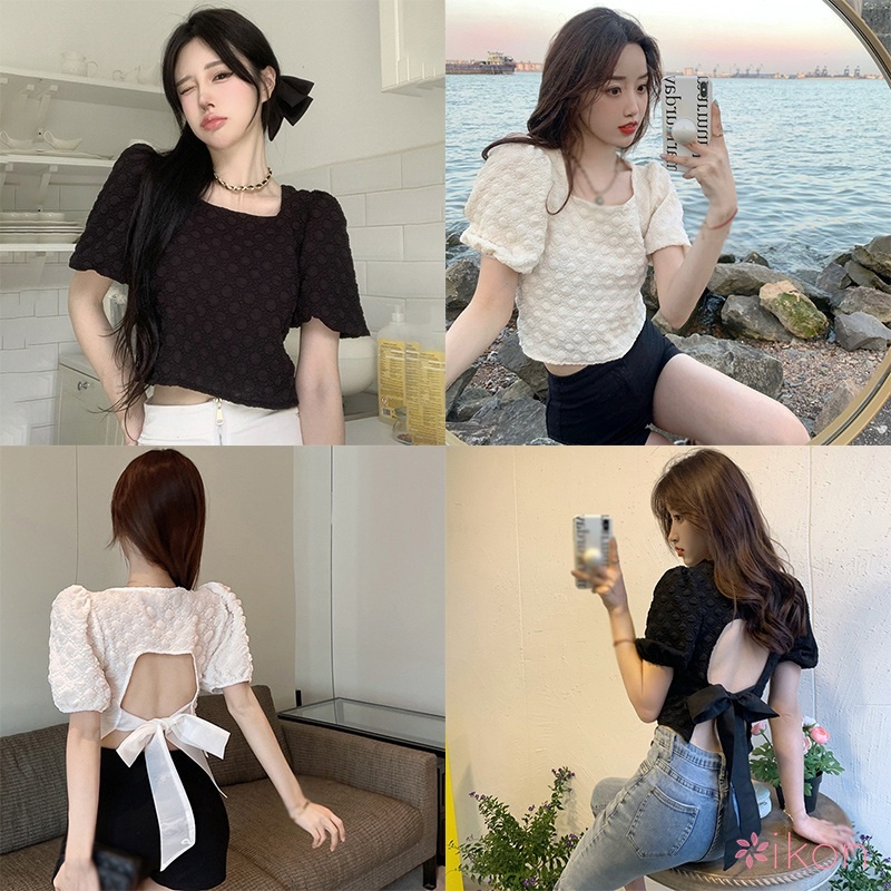 Áo Thun Crop Top Cổ Vuông Tay Phồng Lưng Phối Nơ Ngọt Ngào Gợi Cảm Cho Nữ