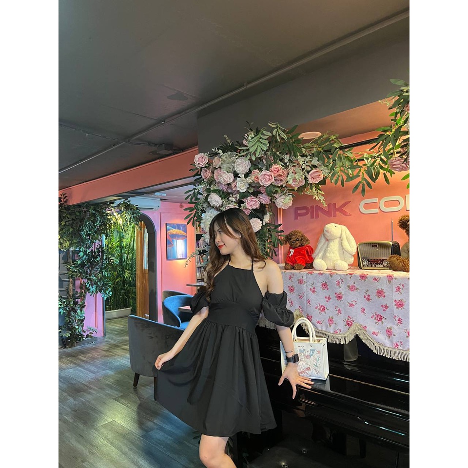 Váy yếm nữ phối tay nơ - váy trễ vai nữ tay nơ phối dây cổ yếm, 2 màu ĐEN | TRẮNG SIÊU HOT