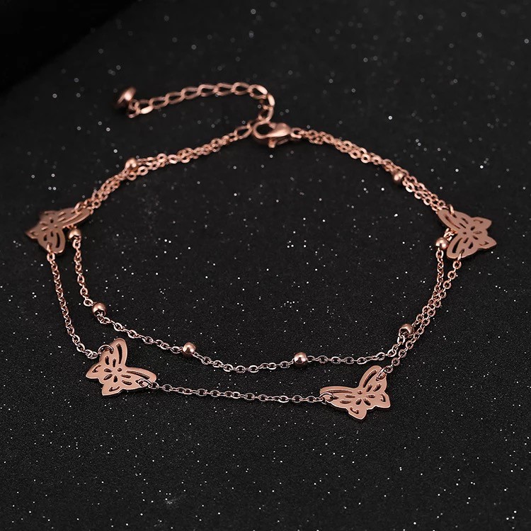 Lắc chân hai lớp thép titan mạ vàng hồng 18k chống nước không phai đính hạt tròn mặt bướm thời trang Hàn Quốc cho nữ