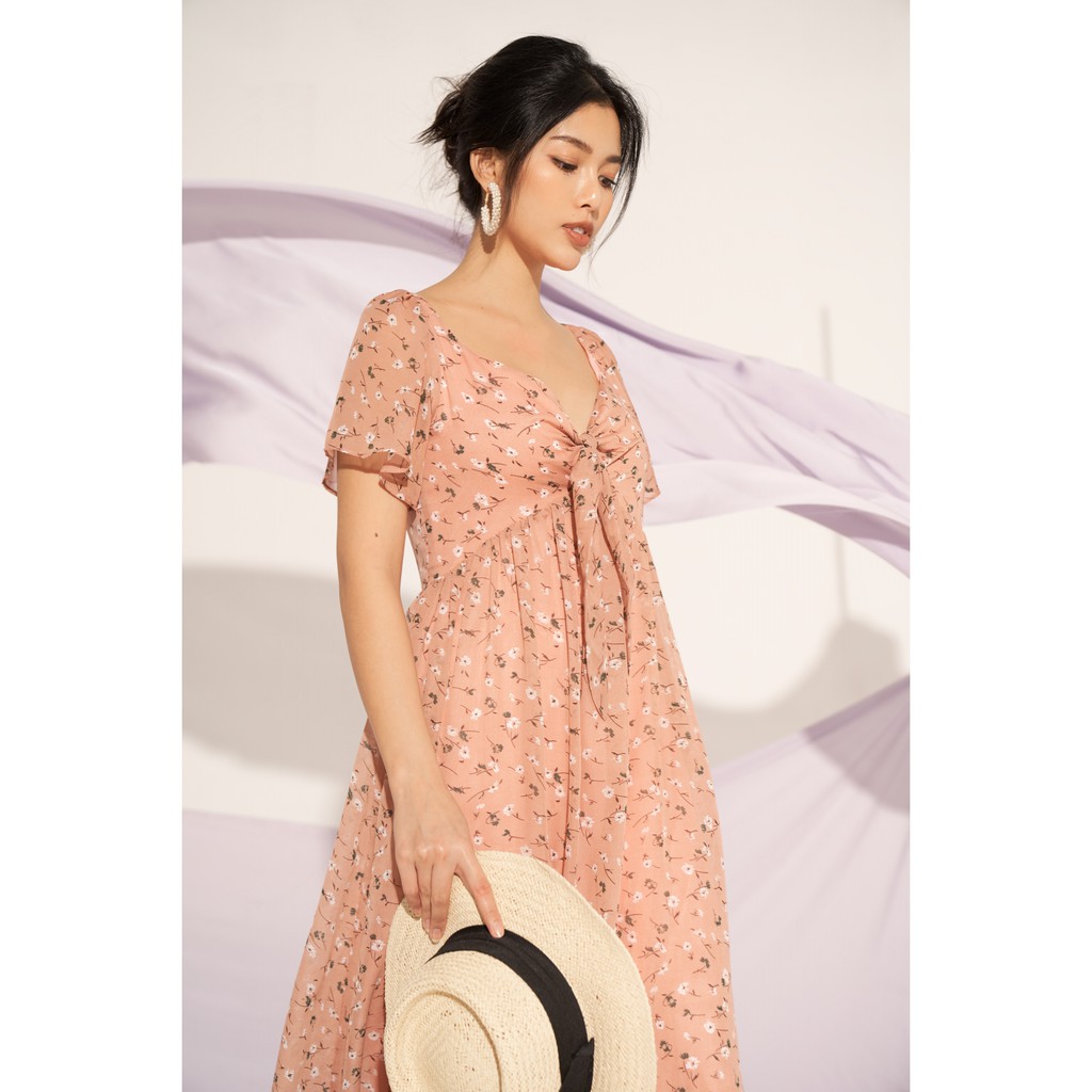 [ 26Studio ] Đầm dài vải voan họa tiết hoa cột nơ Angelia Dress | BigBuy360 - bigbuy360.vn
