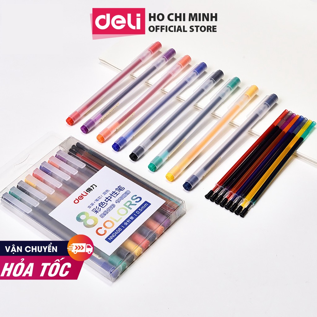 Set bút gel nhiều màu Deli – 8 màu kèm 8 ống mực thay thế - 33160