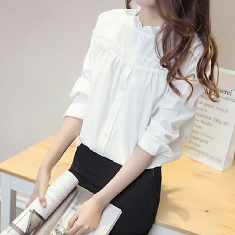 Áo sơ mi tay phồng dáng rộng phối ren xinh xắn