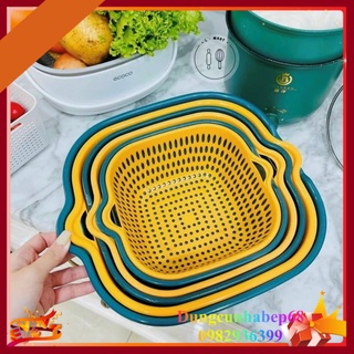 Rổ nhựa vuông kèm chậu nhà bếp đa năng 3in1, bộ 6 món chậu rổ nhựa đủ kích thước lớn nhỏ có nắp tiện lợi đa năng