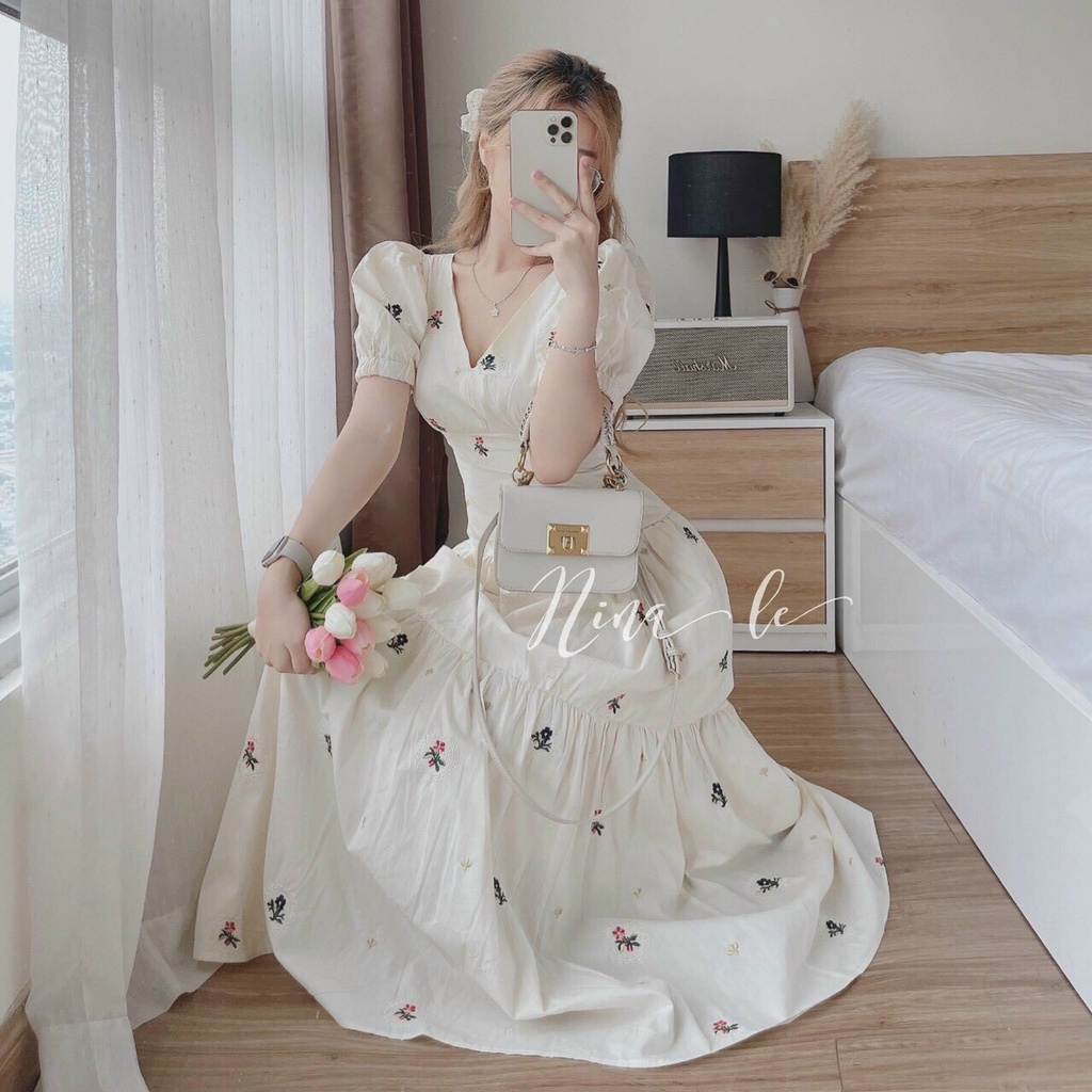 [9.9 Sales Freeship] Đầm maxi nữ ôm eo dáng dài, đầm trắng tiểu thư in hoa cổ v tay phồng cột dây sau lưng xinh xắn