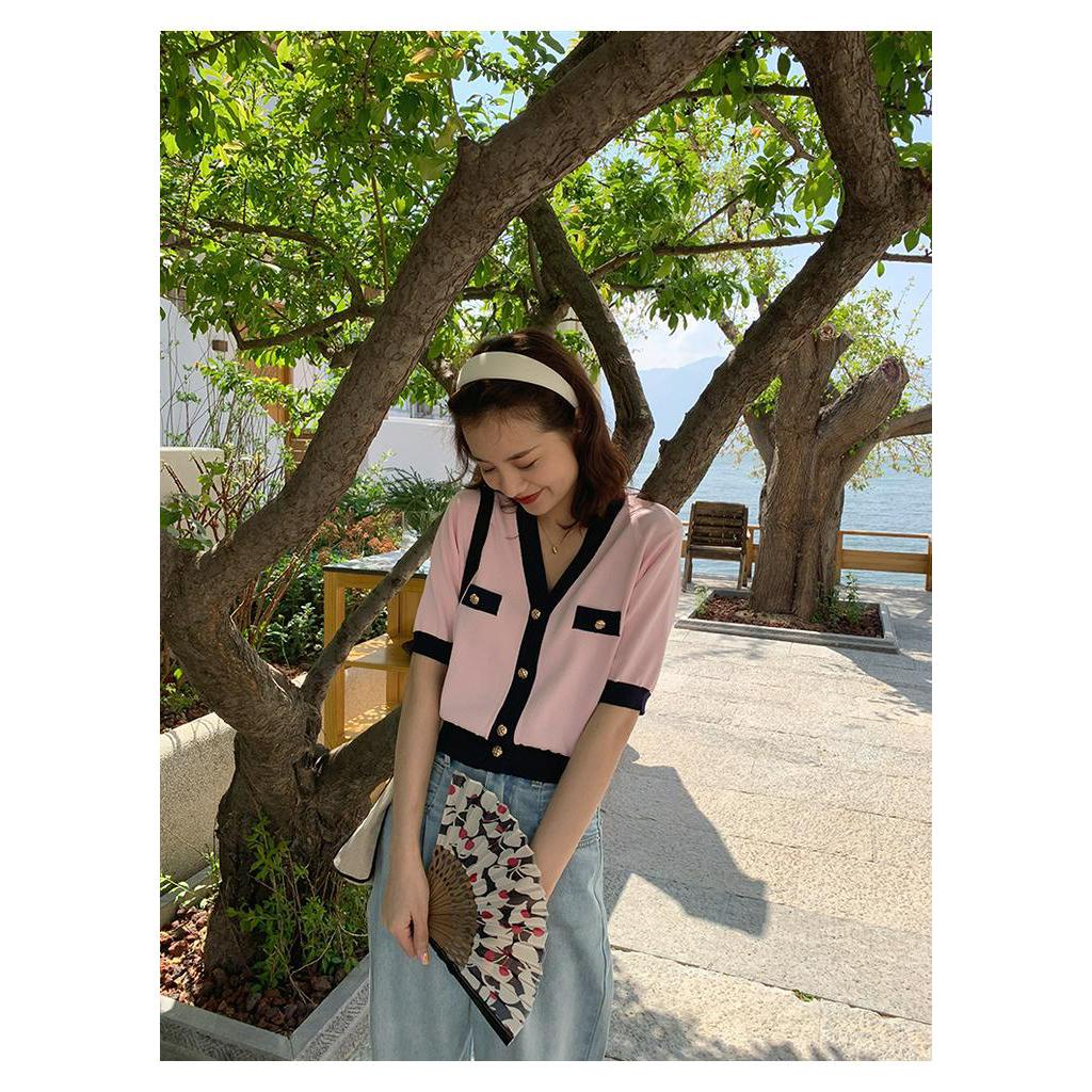 Áo dệt kim SUXI tay ngắn ôm dáng cổ V gợi cảm thanh lịch cho nữ