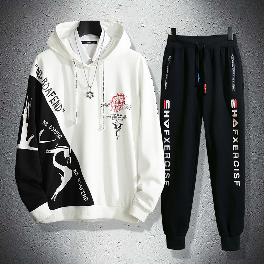 Bộ Quần Áo Nỉ Hoodies Nam Phối Hai Màu Cá Tính Quần In Họa Tiết Trẻ Trung Thời Trang Thu Đông SET NAM 9000084