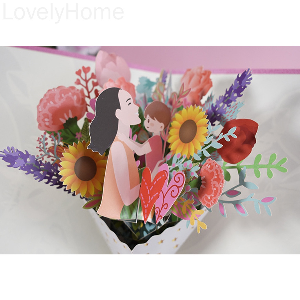 Flower Card 3D Pop-Up Bouquet Card Mother's Day Blessing Decoration Gift for Festival Birthday LovelyHome