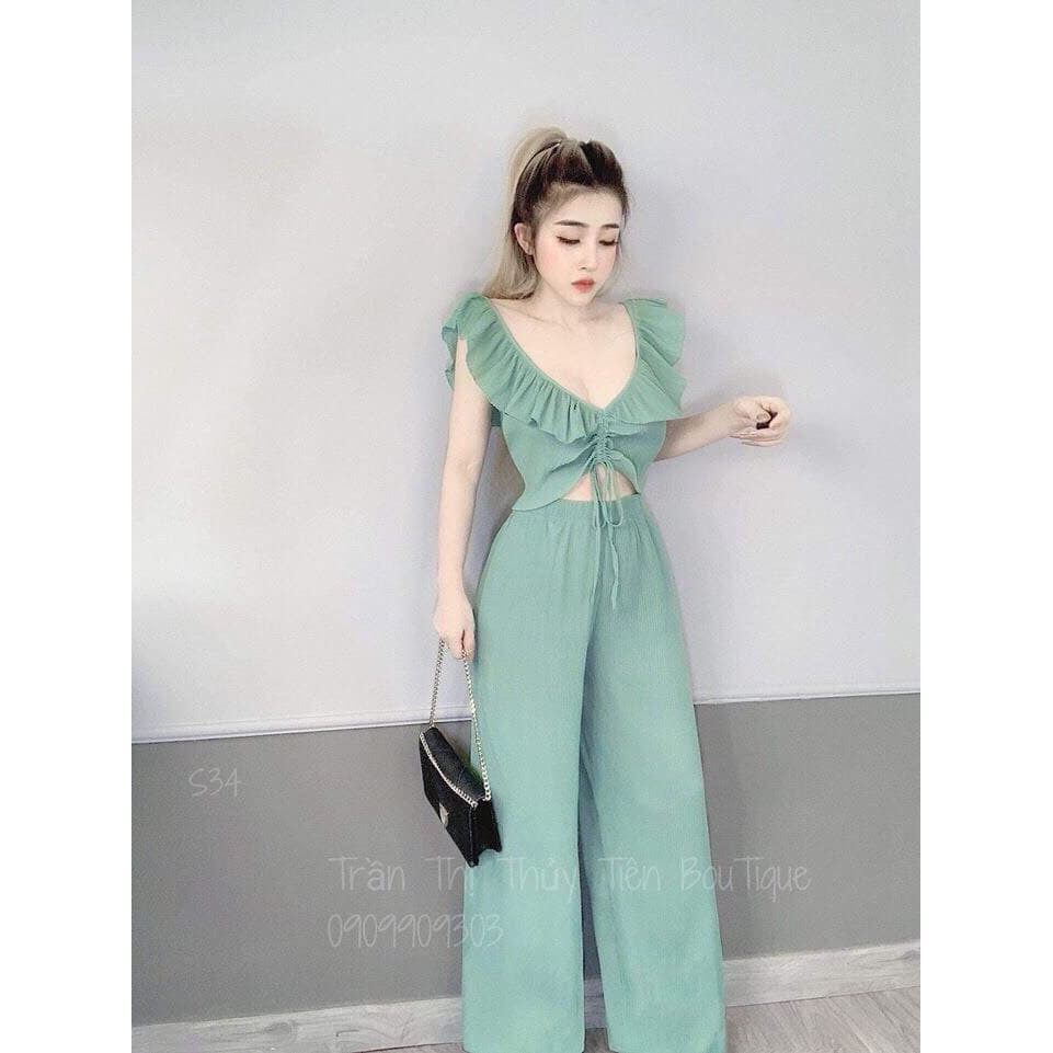 Set áo cánh tiên cổ tim rút dây ngực và quần ống rộng | BigBuy360 - bigbuy360.vn