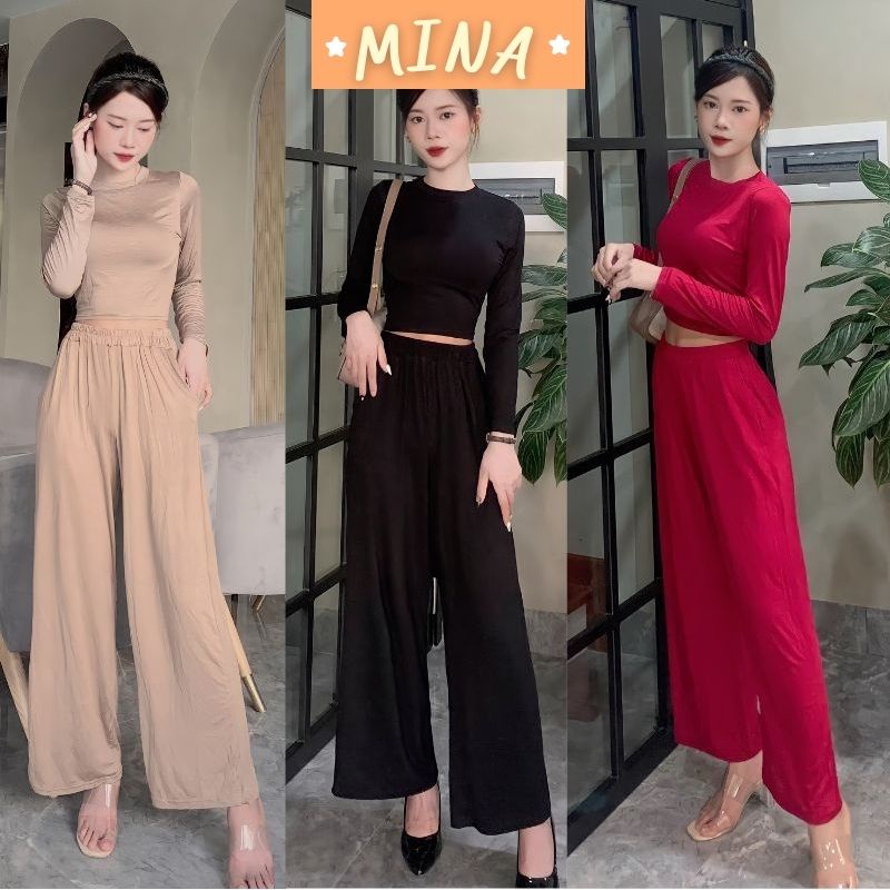 Set Quần Ống Rộng Áo Croptop Thích Hợp Đi Tiệc Đi Chơi Co Giãn 4 Chiều H14
