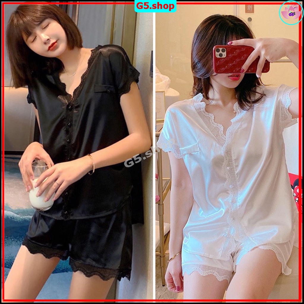 ộ Pijama Lụa Cao Cấp Cánh Dơi Áo Cộc tay cúc cườm trơn phối ren Quần Đùi đồ ngủ nữ mặc nh
