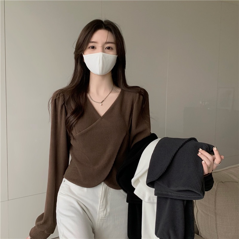 Áo Thun Lửng Tay Dài Cổ V Màu Nâu Phong Cách Retro Dành Cho Nữ