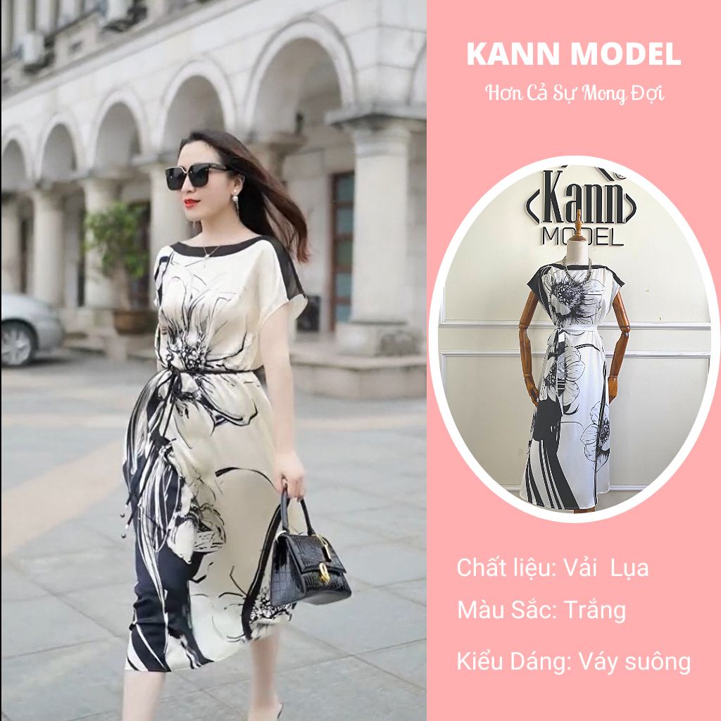 Váy Lụa Suông Kann Model Trắng Cổ Thuyền Ngắn Tay Thắt Eo Họa Tiết Hoa HV40