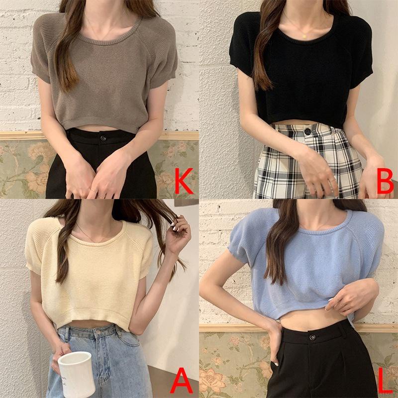 Áo thun croptop tay ngắn cổ tròn màu sắc đơn giản phong cách Hàn Quốc thời trang mùa hè dành cho nữ