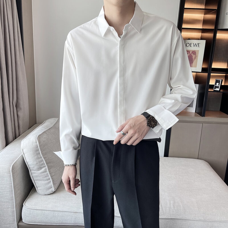 Áo Sơ Mi Polo Tay Dài Màu Trơn Thời Trang Hàn Quốc Màu Trơn Cho Nam