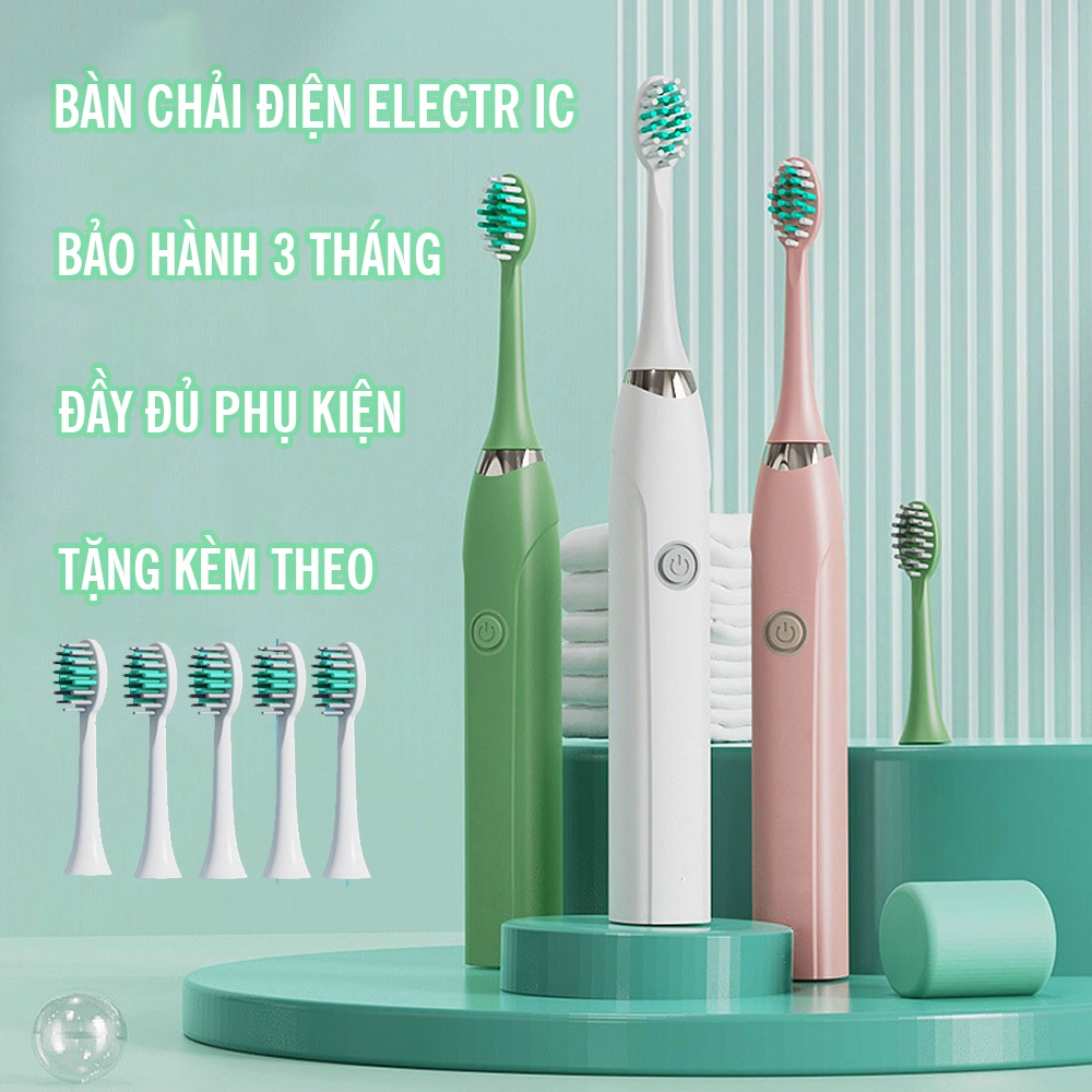 Bàn chải điện ELECTRIC bàn chải đánh răng công nghệ rung sóng âm tặng kèm 5 đầu bàn chải.