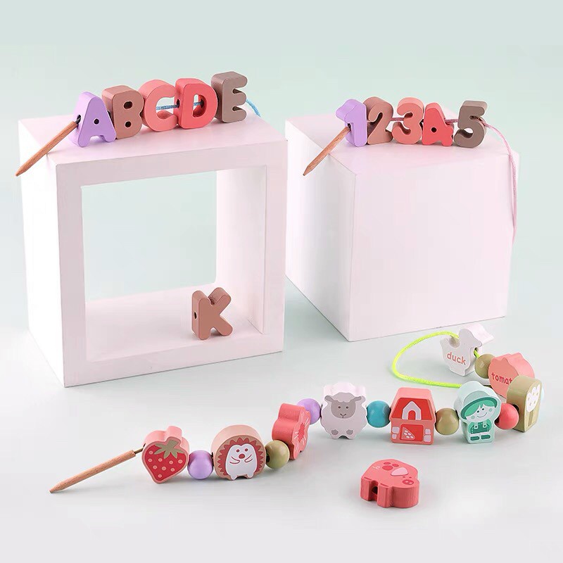 Đồ chơi ghép hình gỗ 68 chi tiết, bộ hình xâu chuỗi số và chữ giáo dục sớm cho trẻ