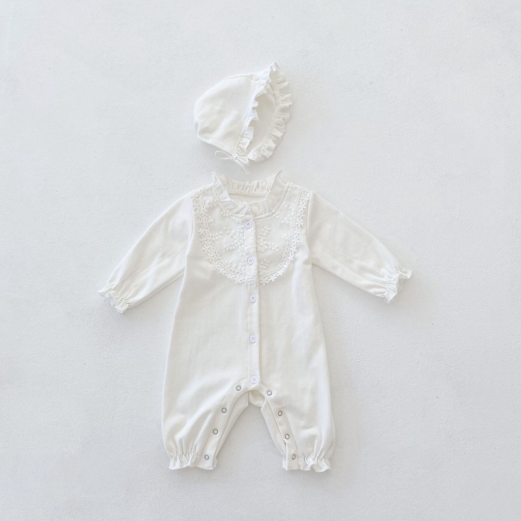 Bộ Áo Liền Quần Tay Dài Phối Ren Cổ Bèo Dễ Thương Cho Bé Gái Sơ Sinh Ins2021