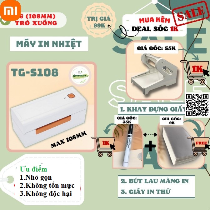 1782 Máy in nhiệt thân thiện môi trường TG S108 khổ A6 trở xuống dùng làm Đơn Hàng Shopee Tem Mã Vạch Hóa Đơn Dùng Giấy