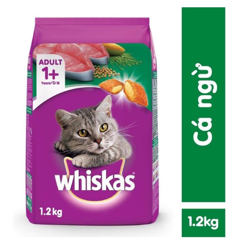 WHISKAS Thức an cho mèo loại hạt cho mèo con, mèo trưởng thành vị cá ngừ, cá thu, cá biển 1,2kg