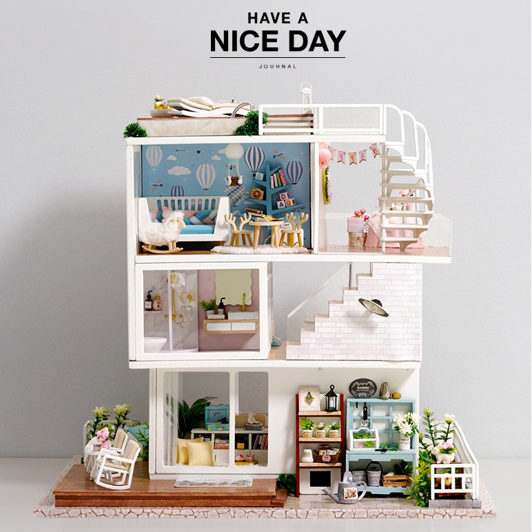Mô hình nhà búp bê DIY Doll House Miniature_ have_a_nice_day _Tặng TẤM CHE BỤI + KEO+ CÓT NHẠC + CHÓ CẢNH+ MÈO