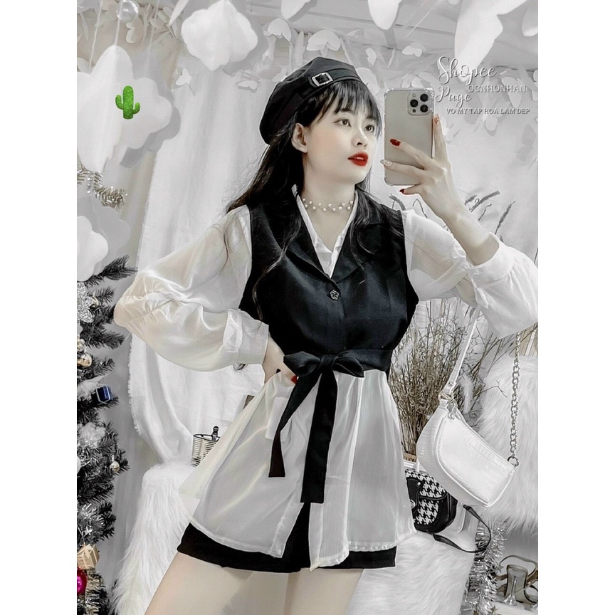 áo sơ mi kèm vest buộc dây xinh pu