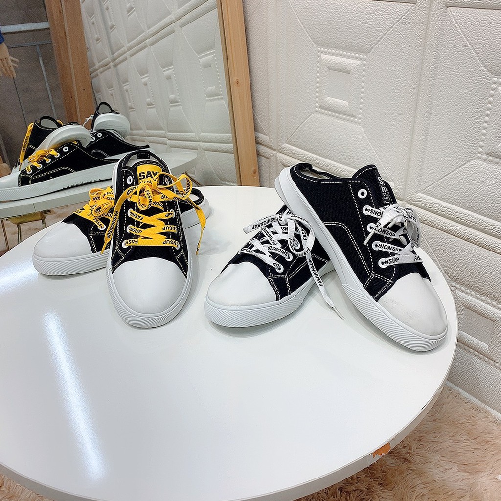 1F02 Giày Sục nữ cá tính thể thao dây in chữ giày sneaker dép đi học sục nữ giày thể thao nữ trắng