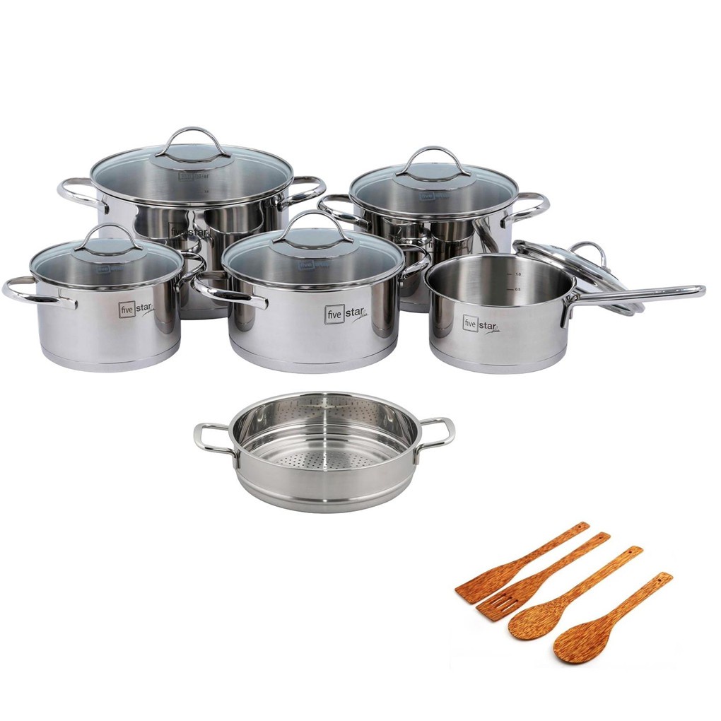 Combo Bộ nồi quánh xửng chảo chống dính cao cấp Fivestar 7 món nắp kính 3 đáy từ