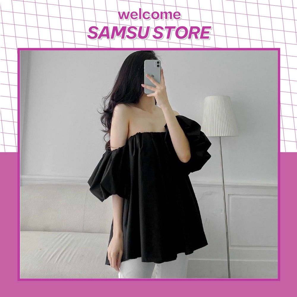 Áo trễ vai bánh bèo ❤️ Áo bẹt vai tay phồng form giấu quần tiểu thư xinh đẹp vải kate dày dặn freesize &lt;60Kg