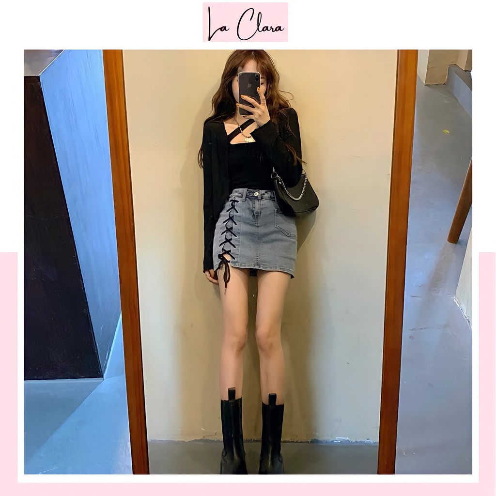 Chân Váy Jean Ngắn Lưng Cao Cột Dây Cá Tính (Có Quần Bên Trong) CLARA CV1