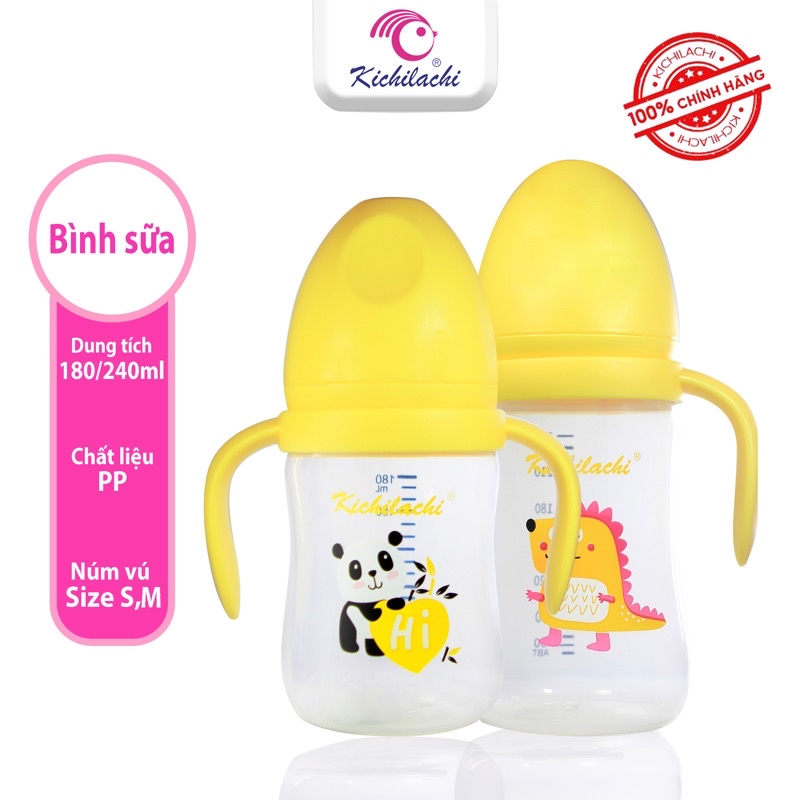 Bình sữa cổ rộng Kichilachi PP núm ty silicon siêu mềm, chống sặc và đầy hơi cho bé 180ml/240ml