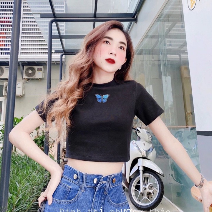 Áo kiểu nữ Croptop Trơn Thêu Hình Xinh Xắn Mẫu Mới Siêu Hot